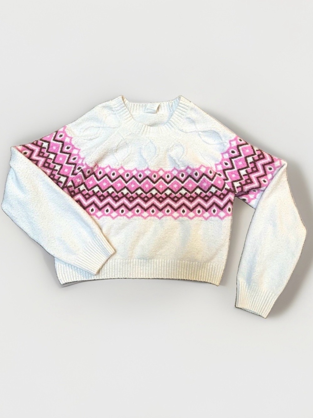Women’s Sz L Fair Isle Knit Pullover Crew Sweater White Pink Brown Chunky Cozy